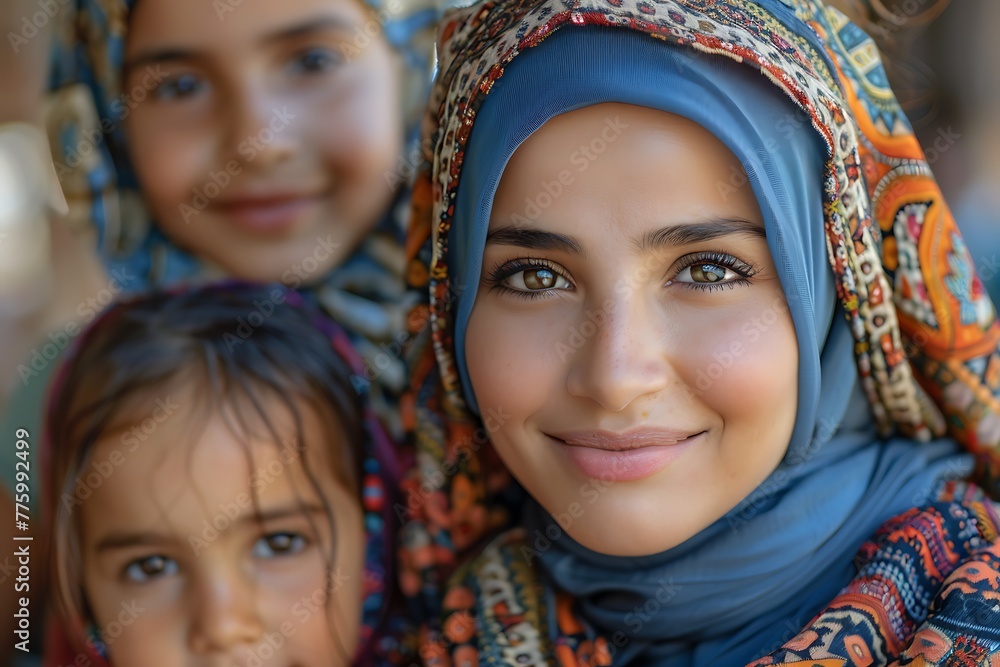 A portrait of a smiling young woman in traditional headscarf with two blurred children in the background. 