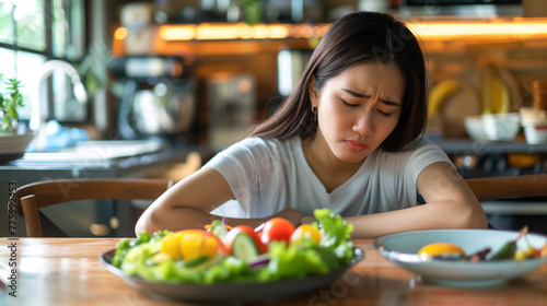 A young Asian woman adhering to a healthy diet experiences stomach discomfort  resisting the temptation of brunch food on a home table while patiently waiting for the designated time to eat her salad