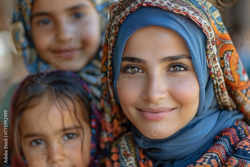 A portrait of a smiling young woman in traditional headscarf with two blurred children in the background.  © Athena