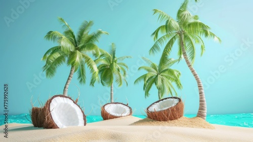 An idyllic summer concept featuring coconut trees alongside beach sand