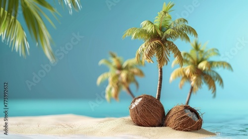 An idyllic summer concept featuring coconut trees alongside beach sand