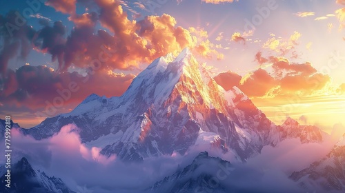 A serene image capturing the breathtaking beauty of a snow-capped mountain peak