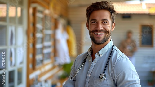 A smiling male doctor with a stethoscope standing confidently in a clinic environment. photo