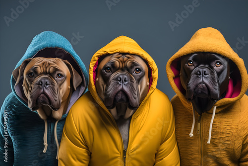 Gang family of bullmastiff dog in vibrant bright fashionable outfits, commercial, editorial advertisement, surreal surrealism. Group shot.	