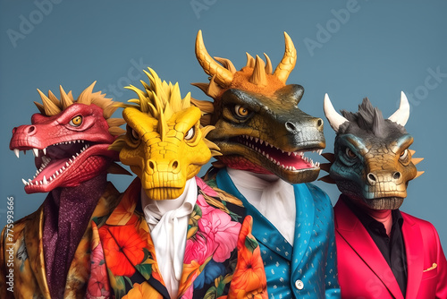 Gang family of dragon in vibrant bright fashionable outfits, commercial, editorial advertisement, surreal surrealism. Group shot.	