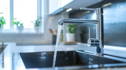 Running tap in sink  modern kitchen ambiance  close-up