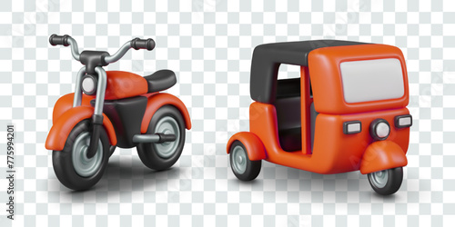 Motorcycle with sidecar, autorickshaw. Set of three wheeled vehicles
