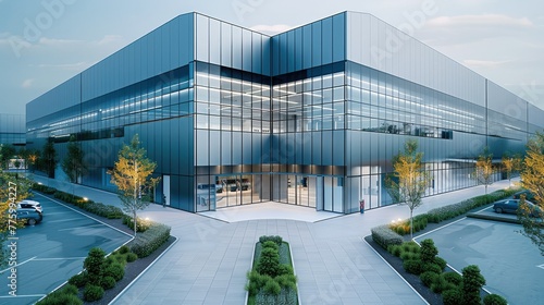 A factory area with office building in the front and a factory building in the back, The outer walls of the office building are mainly silver aluminum panels. Generative AI. photo