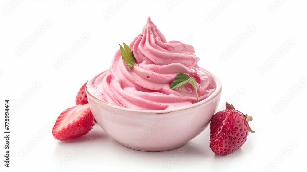 A bowl of strawberry yogurt, featuring a creamy pink berry texture A bowl of strawberry yogurt, featuring a creamy pink berry texture