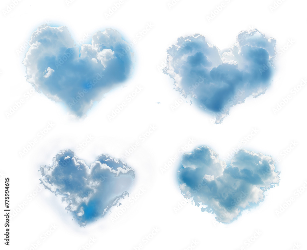 A Set of Heavenly Hearts: Beautiful Heart-Shaped Clouds Isolated on a Transparent Background with Cloudy Affections and a Loving Twist