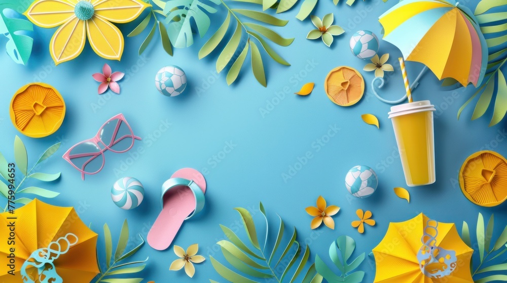 A vibrant summer backdrop featuring an umbrella, a ball, sunglasses, sandals A vibrant summer backdrop featuring an umbrella, a ball, sunglasses, sandals