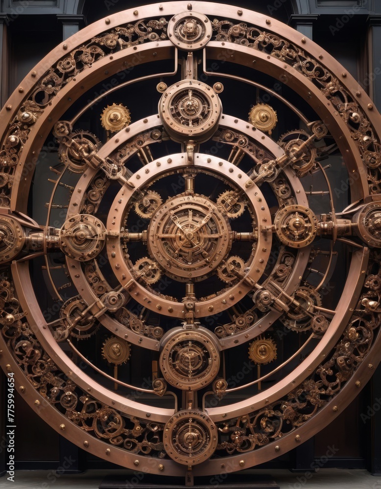 A sophisticated, bronze circular door with complex mechanical gears, symbolizing an entrance to untold secrets