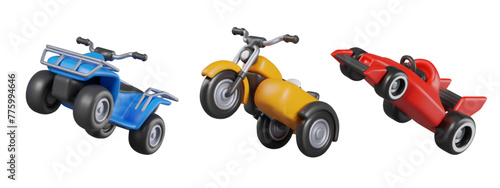 Quad bike, tricycle with sidecar, racing car. Set of vehicles for racing and entertainment