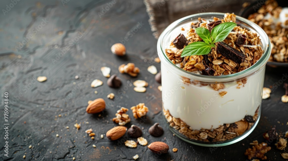 A homemade bowl of yogurt topped with freshly baked granola A homemade bowl of yogurt topped with freshly baked granola