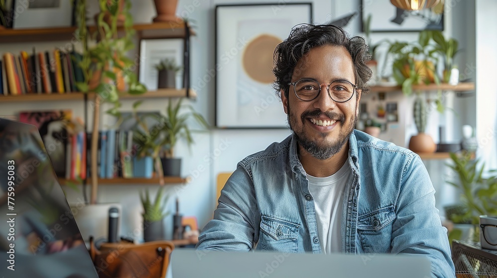 A graphic designer excitedly working in his office. Generative AI. A graphic designer excitedly working in his office. Generative AI.