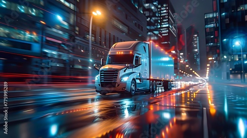 Semi Truck Navigating Vibrant Nighttime Cityscape with Blurred Lights and Streams
