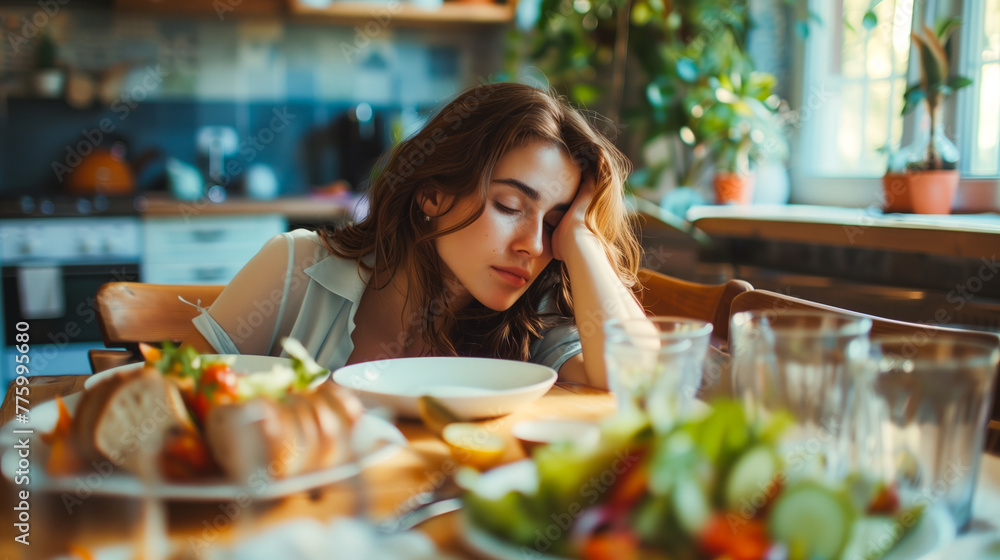 A young woman, following a healthy diet, experiences stomach ache while resisting the temptation of brunch food on a table at home.