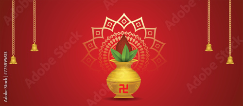 Golden kalash with temple bell on red background for Hindu festival photo