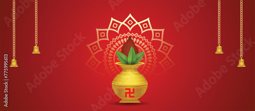Golden kalash with temple bell on red background for Hindu festival