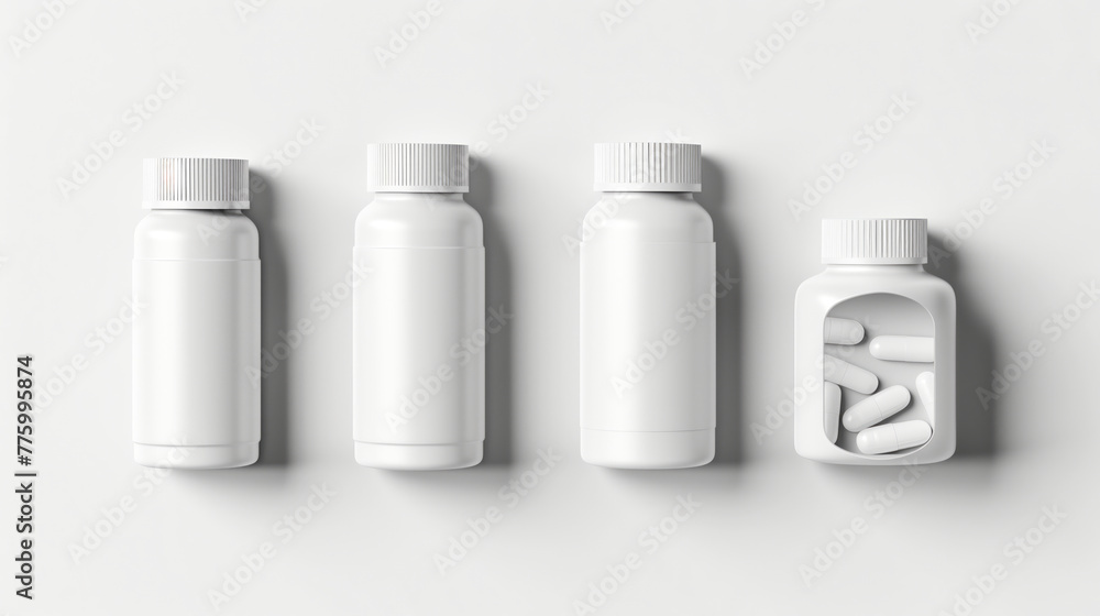 Mockup featuring white supplement bottles, single bottle, various style, front angle, top angle, on white background Mockup featuring white supplement bottles, single bottle, various style, front angle, top angle, on white background