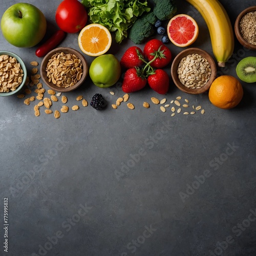 Healthy food  a diverse selection of environmentally friendly products  fruits  vegetables  seeds  cereals  leafy vegetables on a beautiful concrete background. Generative AI