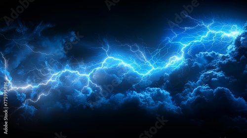 Abstract Blue Lightning on Black Background. Thunderlight Sparks Blitz Lightning Thunderbolt Storm Flash Thunderstorm. Power Energy Charge Thunder Shock.
