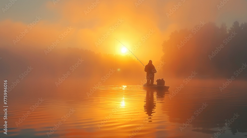 Fisher fishing on foggy sunrise. Generative AI. Fisher fishing on foggy sunrise. Generative AI.