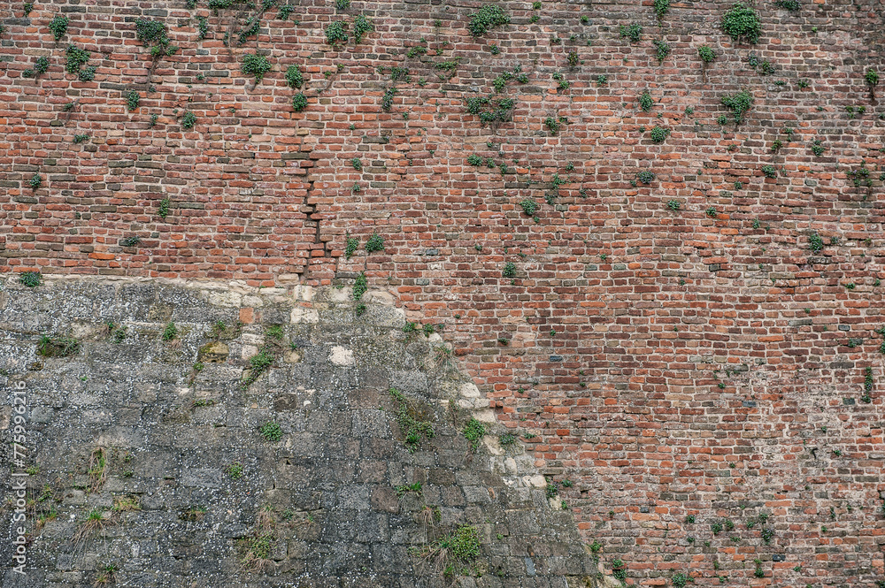 Old ancient brick stone wall texture background with plants Old ancient brick stone wall texture background with plants