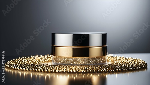 Stylish container for cosmetic cream, trimmed with gold beads photo