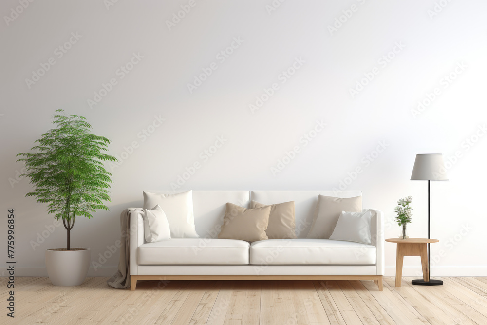 Bright and cozy modern living room interior have sofa and lamp with white wall background Bright and cozy modern living room interior have sofa and lamp with white wall background