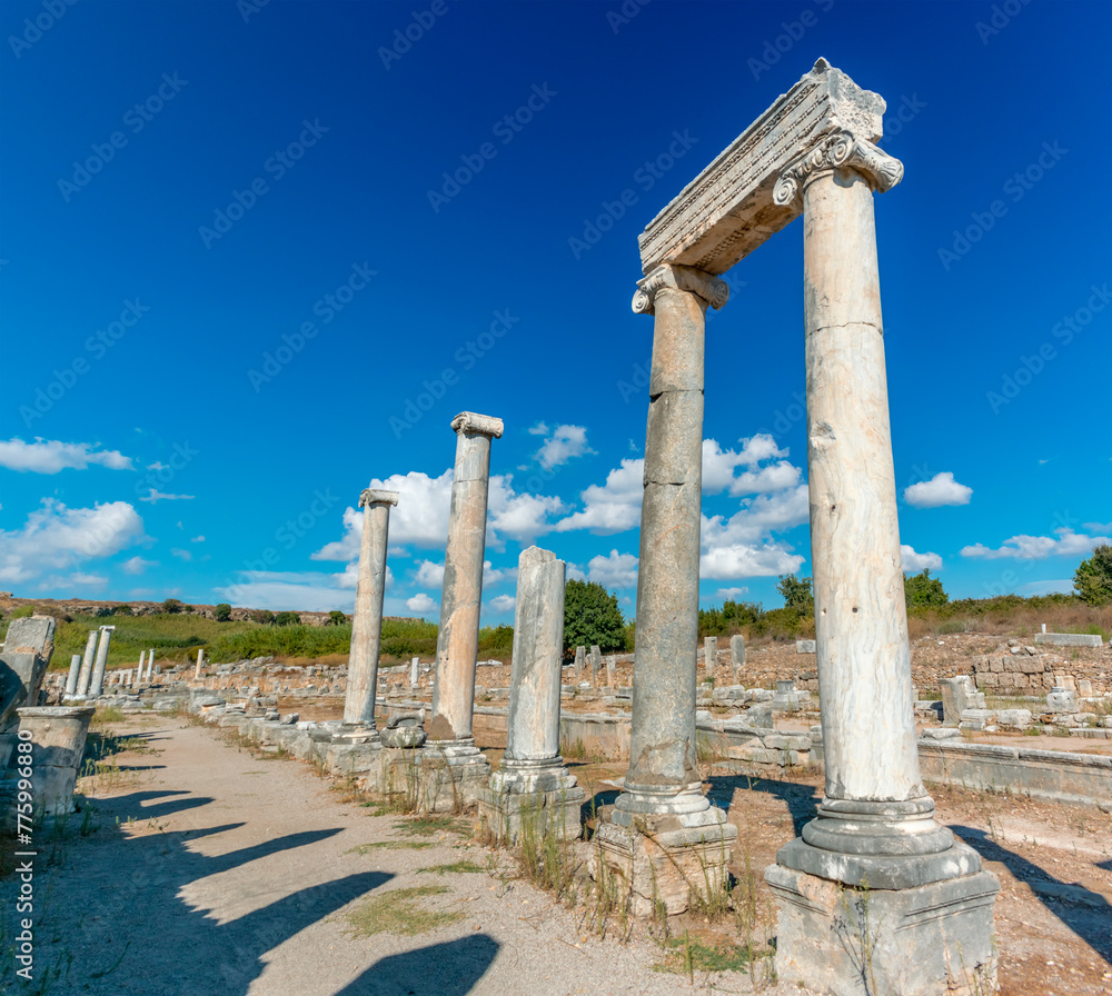 Naklejka premium Picturesque ruins of the ancient city of Perge in Turkey. Perge open air museum.