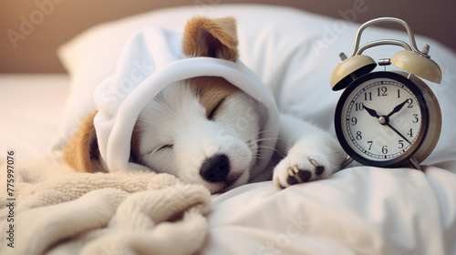 Cozy jack russell terrier puppy wearing sleeping, mask sleeps, with toy bear and alarm clock under white blanket on a bed at home, Top view, space for text