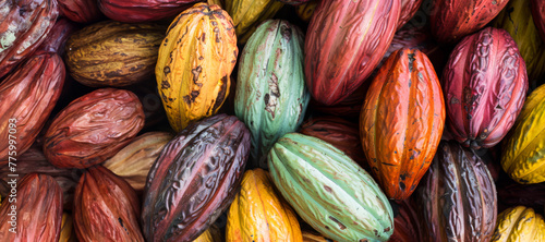 Cocoa fruit ( Theobroma cacao ) on tree Cacao, Chocolate Nut Tree, cocoa beans are processed into chocolate, Orange yellow cacao group pod, fruit ripe from tree, Harvest the agricultural