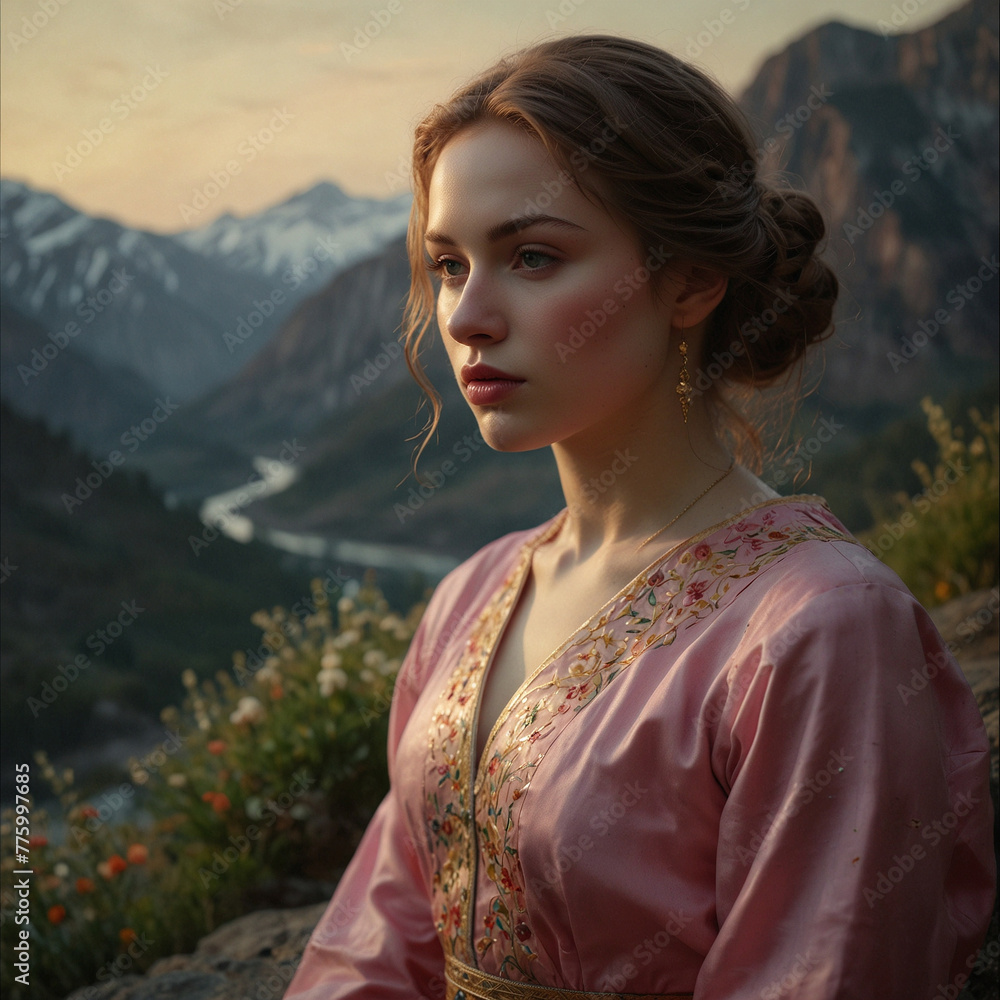 Beautiful Woman with Long Hair Posing Outdoors at Sunset