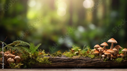 Empty table top wooden surface for product placement with mushrooms, moss, greenery background.