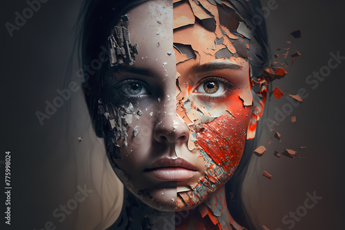 Self destruction woman fractured face skin pieces