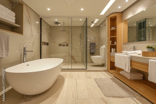 Modern Bathroom spacious room. House mirror. Generate Ai
