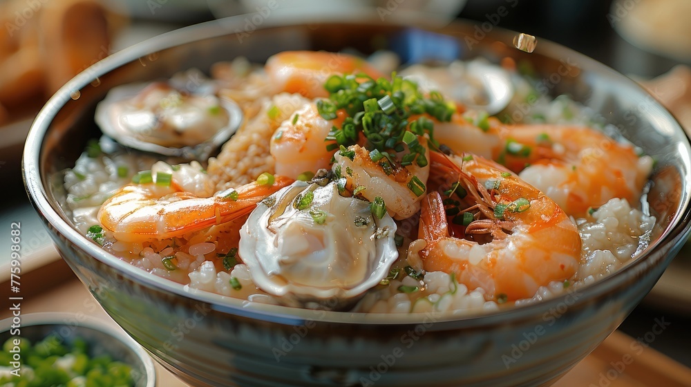 A bowl of seafood porridge with fish, shrimp and oysters. Generative AI. A bowl of seafood porridge with fish, shrimp and oysters. Generative AI.