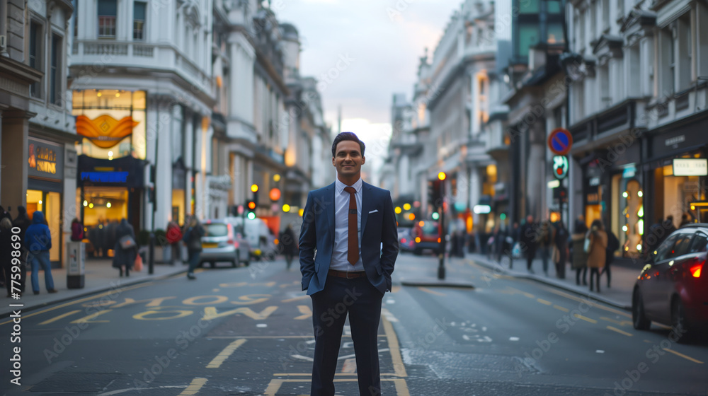 Professional executive wearing suit, standing in the middle of road, oxford street