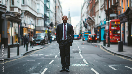 Professional executive wearing suit, standing in the middle of road, oxford street photo