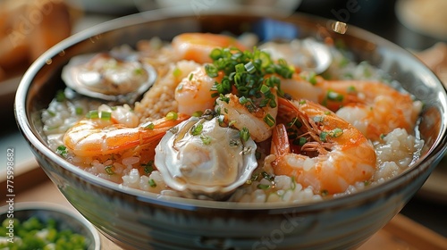 A bowl of seafood porridge with fish, shrimp and oysters. Generative AI.