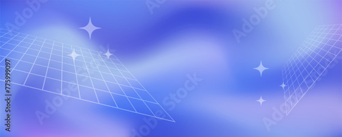Y2k banner with liquid aura background and white grid frame with blinks, poster, card. Vector illustration.