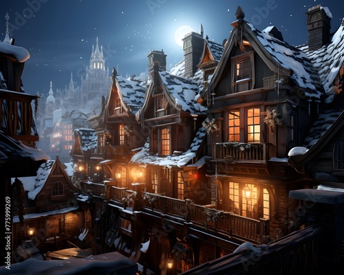 Snowy winter village at night 3d illustration. Winter landscape with wooden houses and snow covered trees.