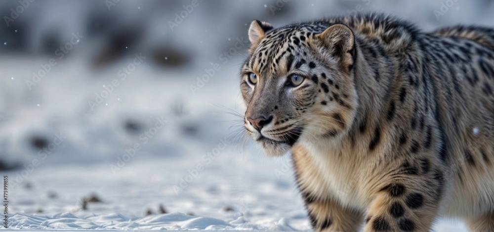Fototapeta premium Snow Leopard Stalking in Snow close up photo - Himalayan Predator - Camouflage Expertise - Generative AI 