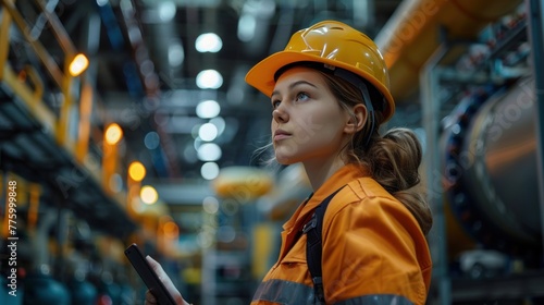 Picture of a female petroleum oil refinery engineer worker in oil and gas industrial with personal safety equipment