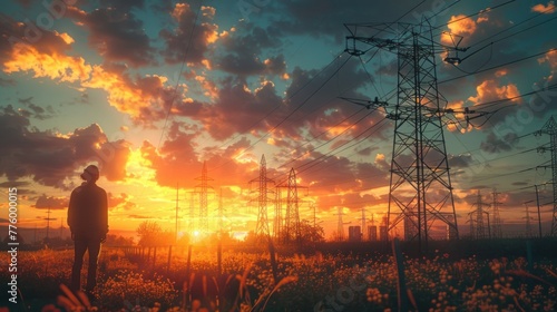 Silhouette of a person standing at a power plant at a high voltage pole at sunset over a city forest with towers and electric pylon silhouettes. Green energy or technology