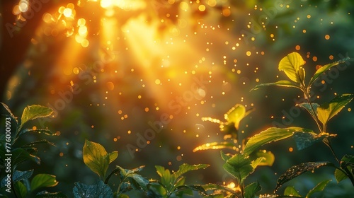 Stunning summer forest bokeh with sunrays and blurred ecology.