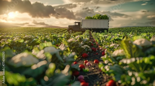 Vegetable field with a box truck transporting vegetables (cabbage, celery, corn, radish). Generative AI.