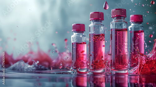 Vials of blood with dynamic splashes on a reflective surface, representing the vitality and fluidity of life, medical banner .