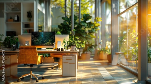 Eco-friendly contemporary office And there is a relationship between sustainability and technology that is quiet and efficient with green plants, wooden tables and comfortable seating. photo